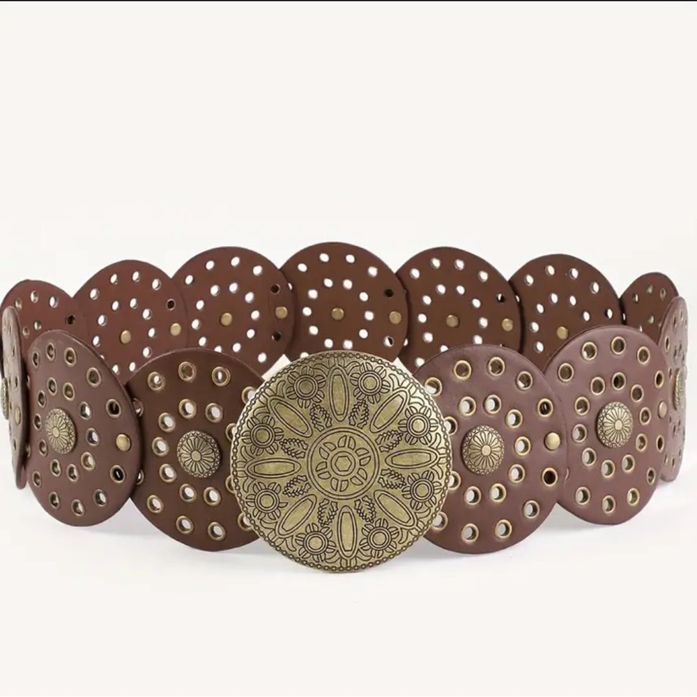 Round Boho Western BELT Medallion Dark Brown or Black Concho Disc PU Leather - Picture 3 of 10
